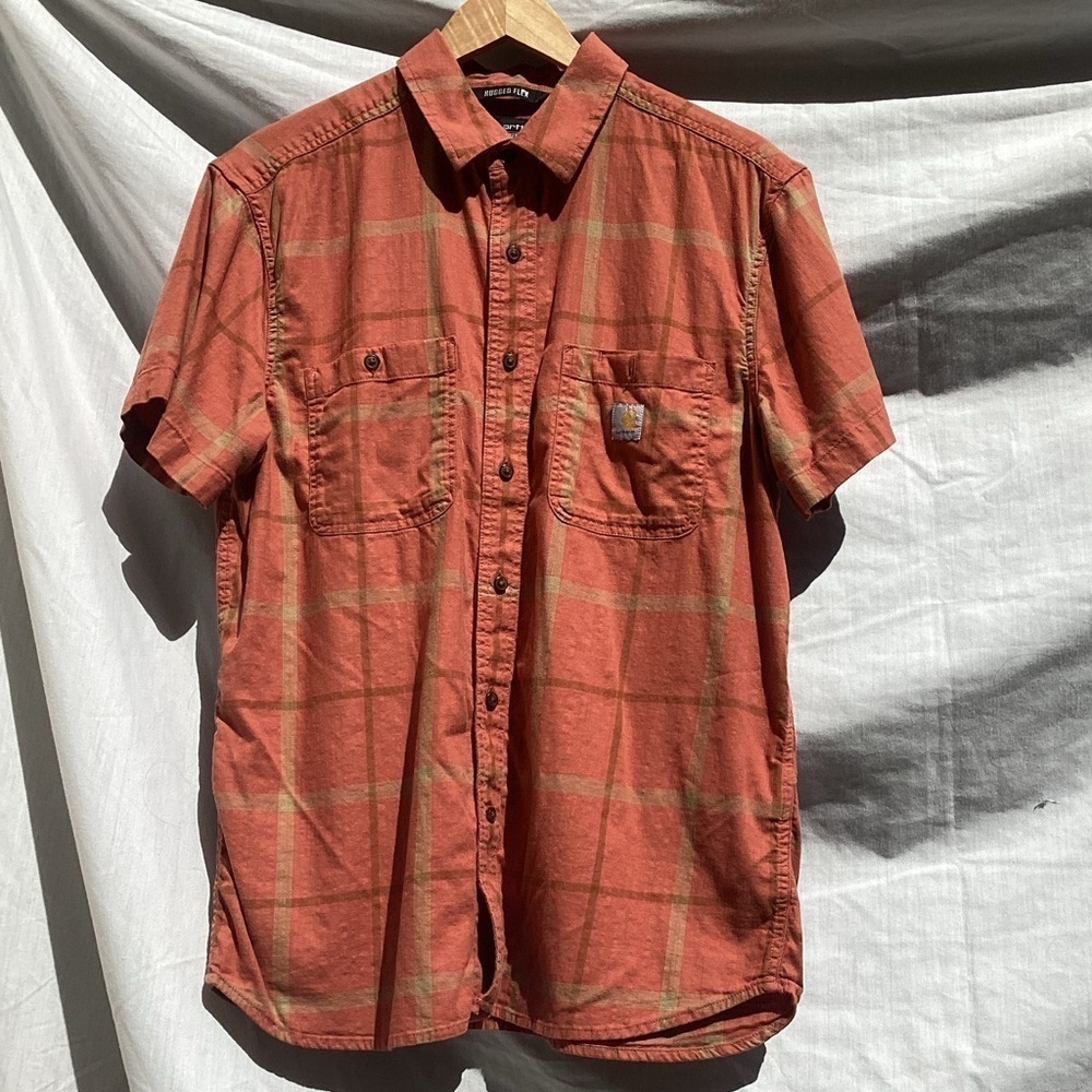 Carhartt orange plaid rugged flex relaxed fit button down shirt, size large